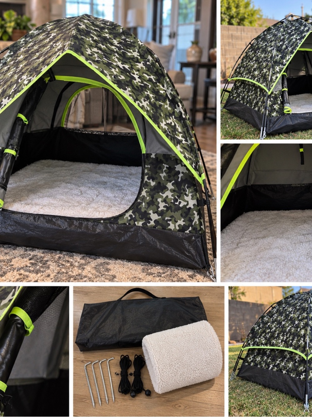 Camo Green Pet Tent with Plush Bed - Home Holiday